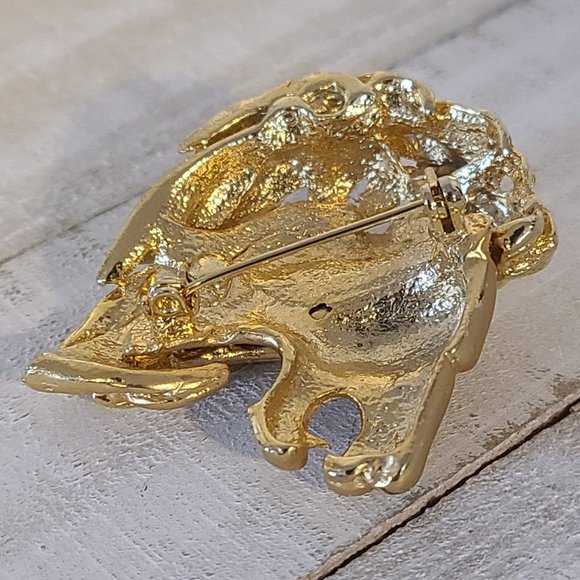 Vintage Lion Head Gold Tone Brooch Pin Rhinestone Eye Leo Zodiac 3d Profile - Picture 6 of 8